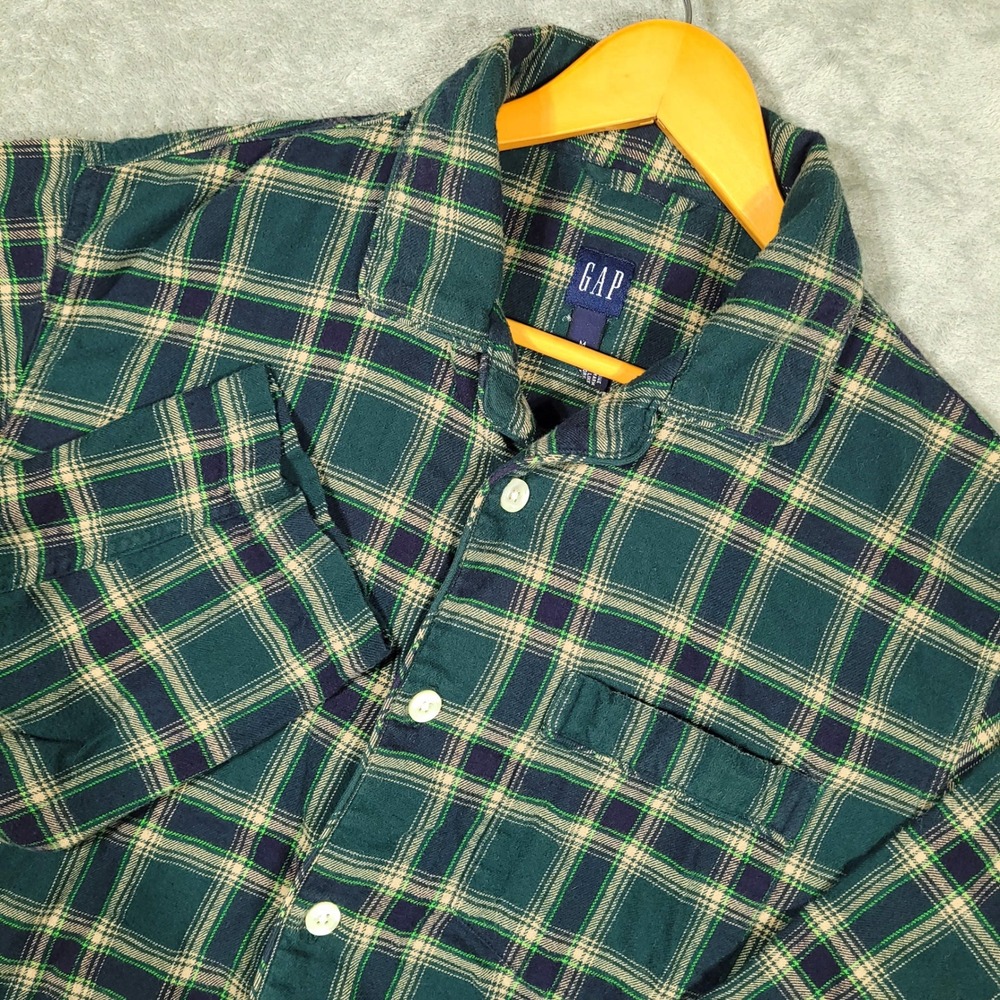 Vintage Y2K Gap Pajama Button Shirt Mens Medium Green Plaid Flannel Loop Collar
